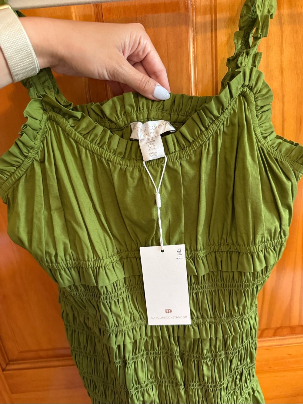 Caroline Constas Cotton drop waist scrunch smocked maxi dress green NEW - Picture 6 of 11